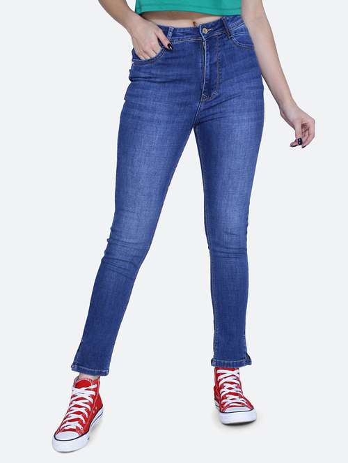 women solid blue washed denim jeans - 21059677 -  Standard Image - 0