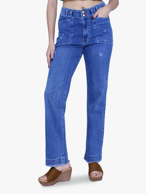 women blue distressed straight fit jeans - 21059728 - Standard Image - 0