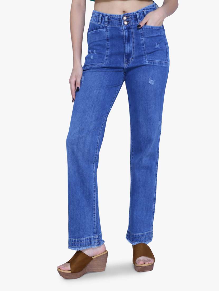 women blue distressed straight fit jeans - 21059728 - Zoom Image - 0