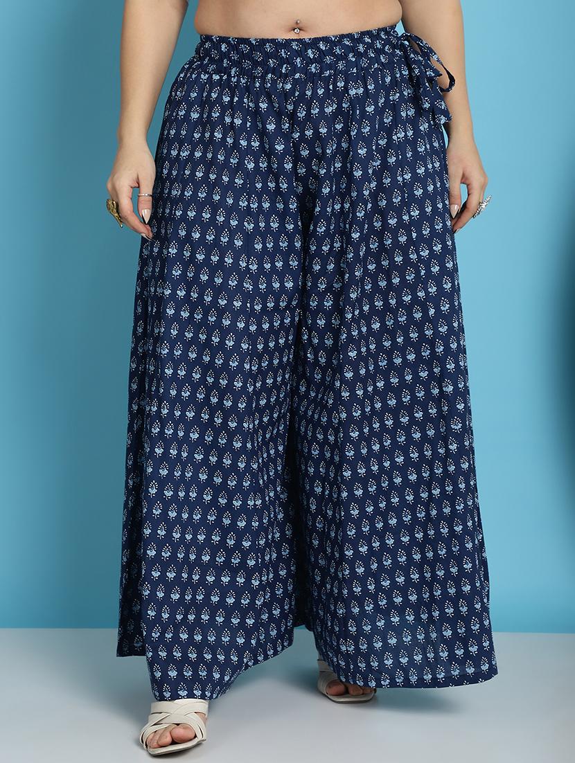 navy blue printed flared palazzo - 21059916 -  Zoom Image - 0