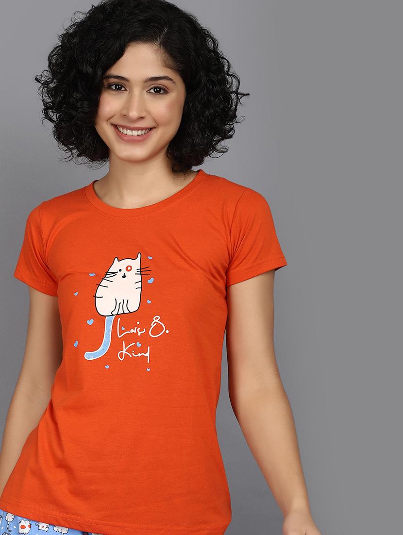 women rust cotton top & pyjama set - 21061676 - Standard Image - 5