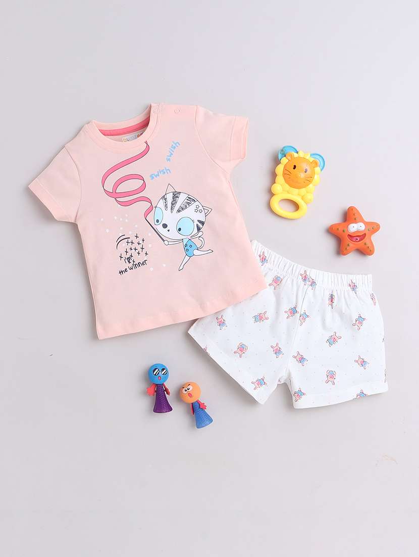 pink printed cotton top & shorts set