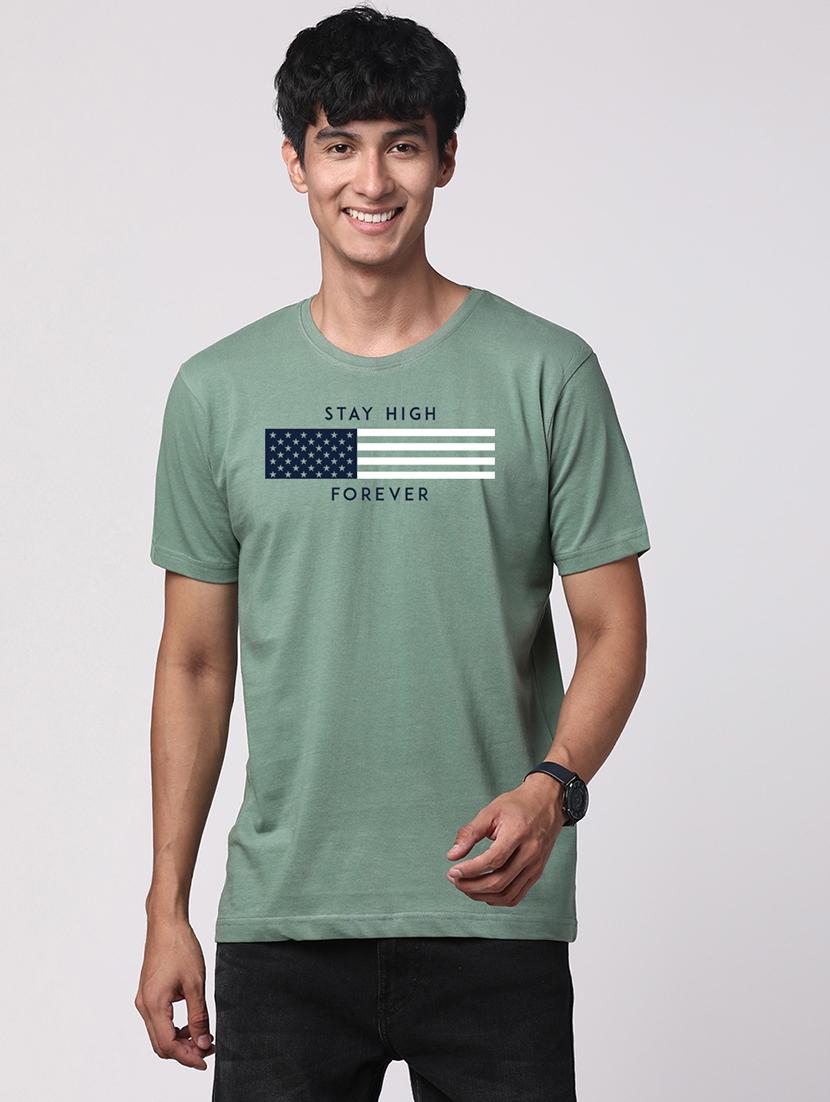 sea green cotton blend front print t-shirt - 21064972 - Zoom Image - 0