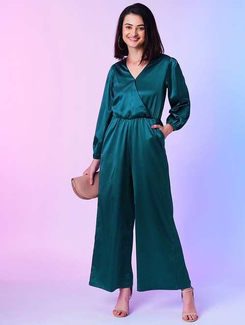 teal polyester full leg jumpsuit - 21067253 - Standard Image - 0