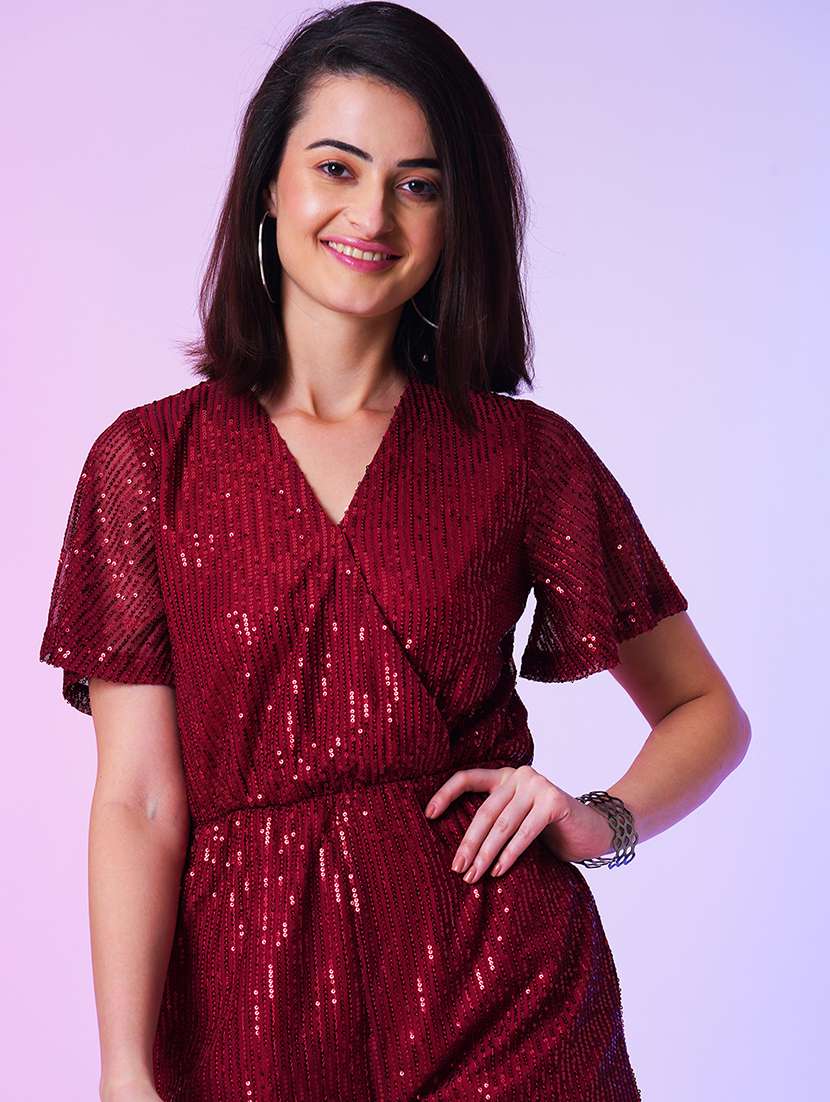 maroon polyester knee length jumpsuit - 21067255 -  Standard Image - 3