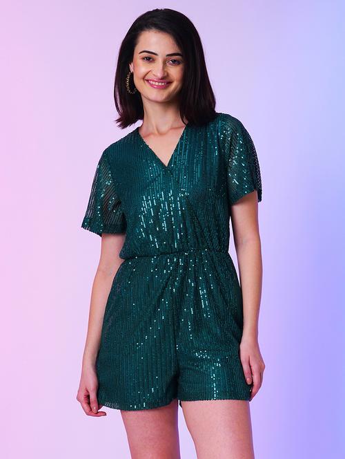 green polyester knee length jumpsuit - 21067258 - Standard Image - 0