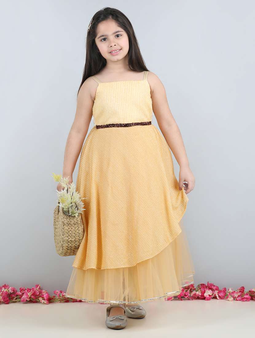 girls gold self design detailed frock - 21067270 - Zoom Image - 0