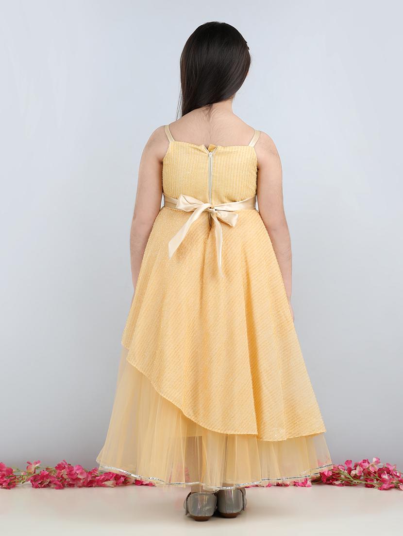 girls gold self design detailed frock - 21067270 - Standard Image - 3