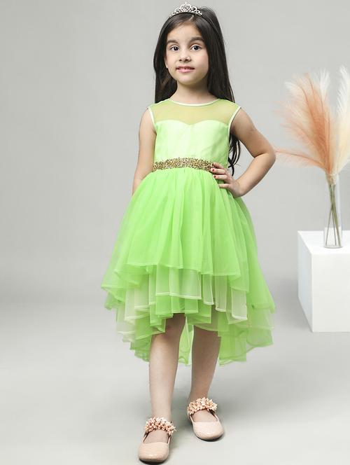 girls green self design high low detailed frock - 21067280 -  Standard Image - 0