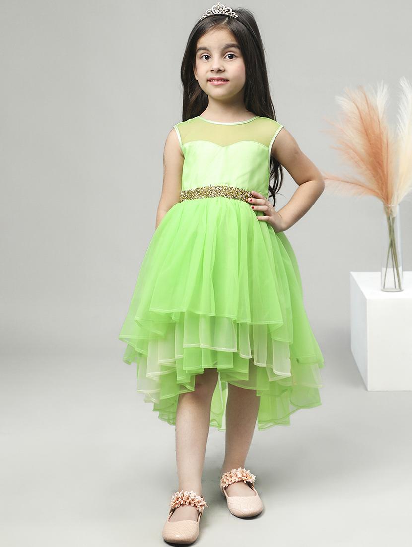 girls green self design high low detailed frock - 21067280 -  Zoom Image - 0
