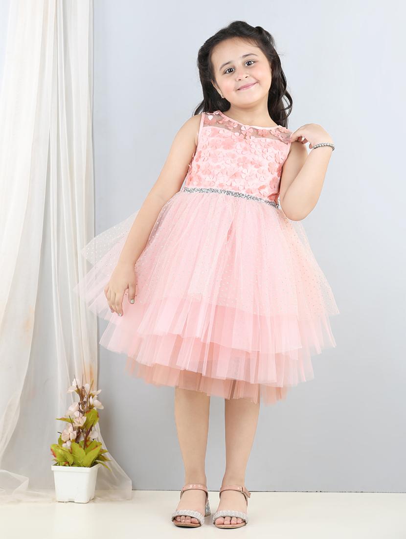 girls peach embellished net layered frock - 21067312 -  Zoom Image - 0