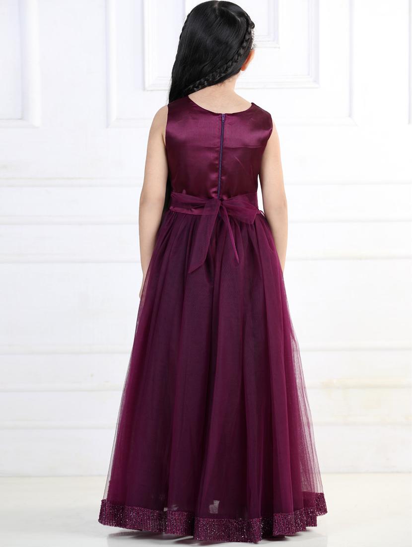 girls purple self design detailed frock - 21067581 - Standard Image - 3