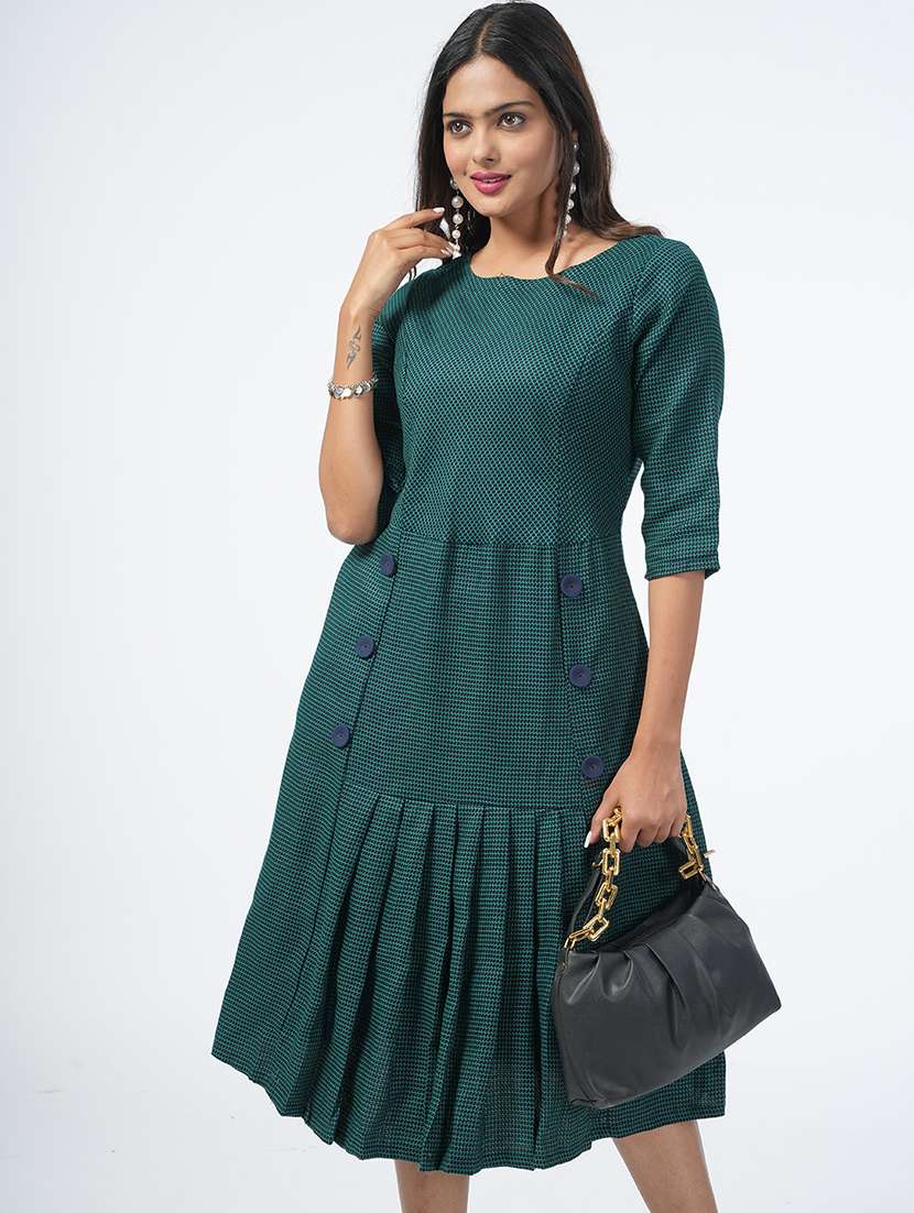 teal self design a-line ethnic dress - 21067746 -  Standard Image - 3