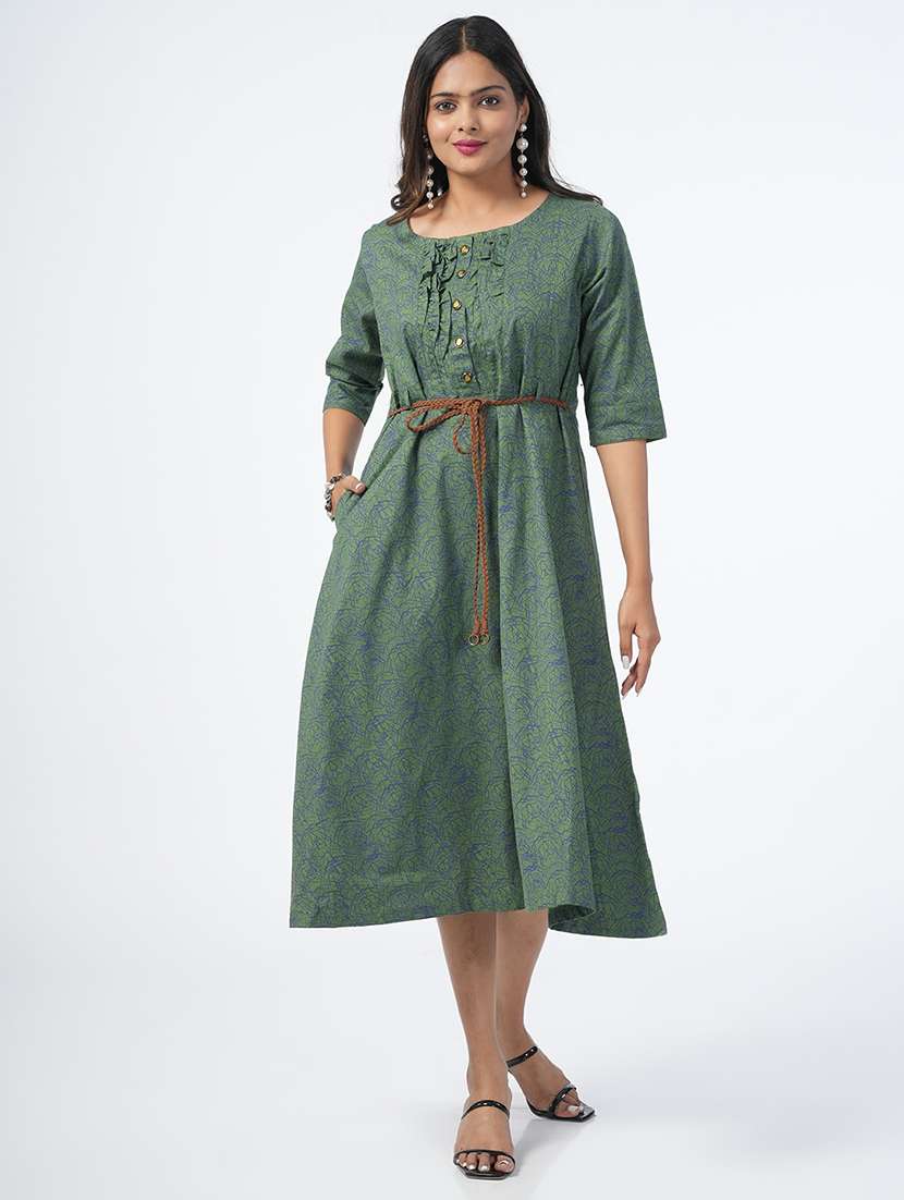 green printed a-line ethnic dress