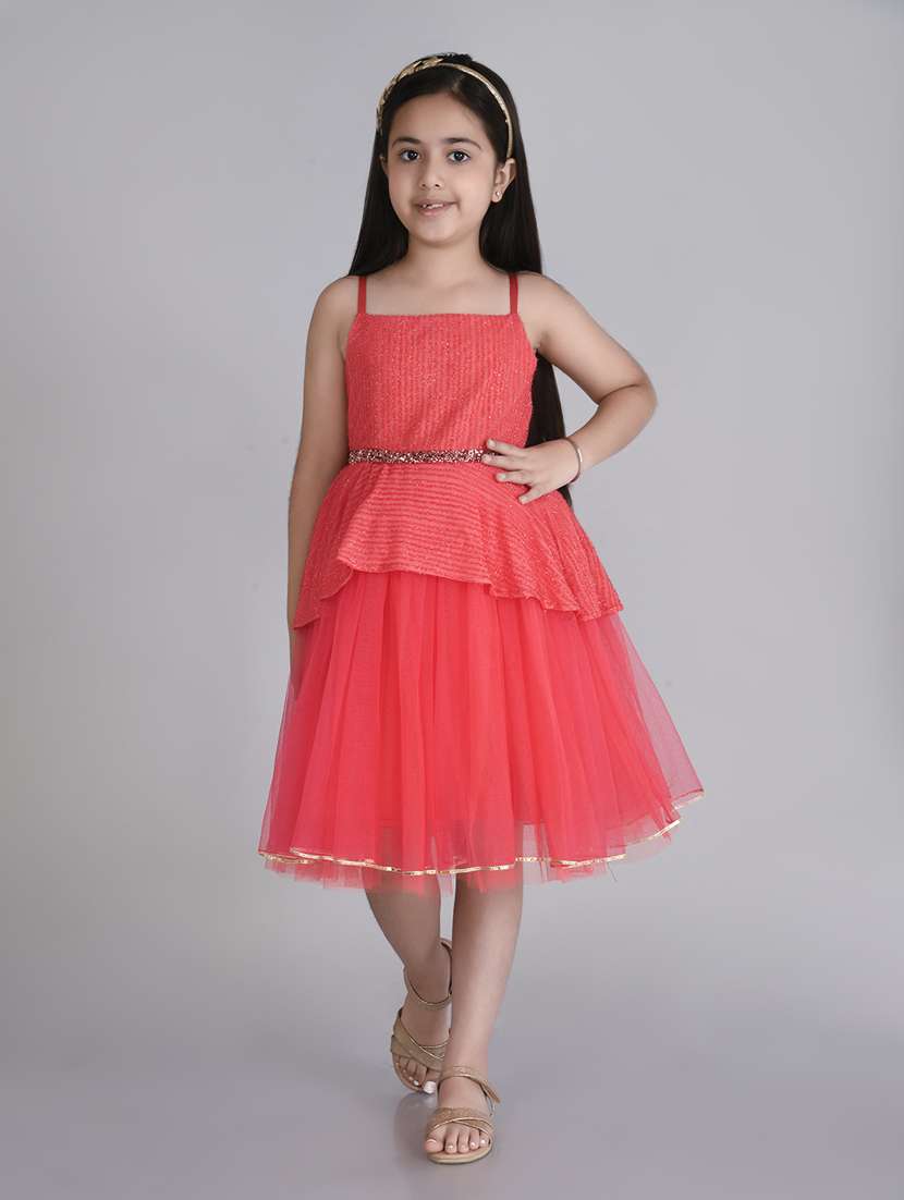 girls coral pink self design detailed frock