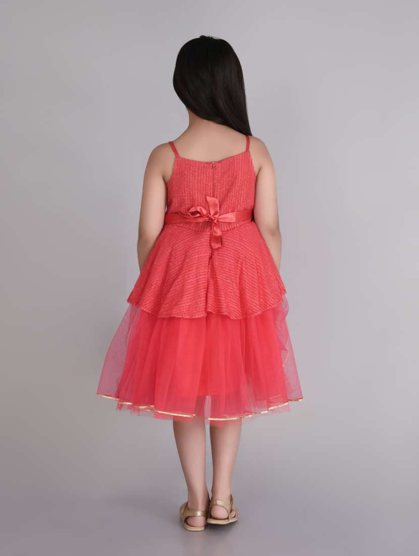 girls coral pink self design detailed frock - 21068498 -  Standard Image - 3