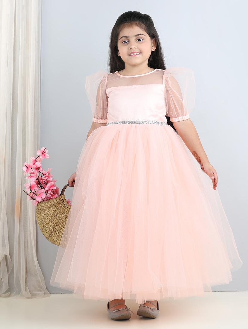 girls peach self design detailed net frock - 21069087 -  Zoom Image - 0