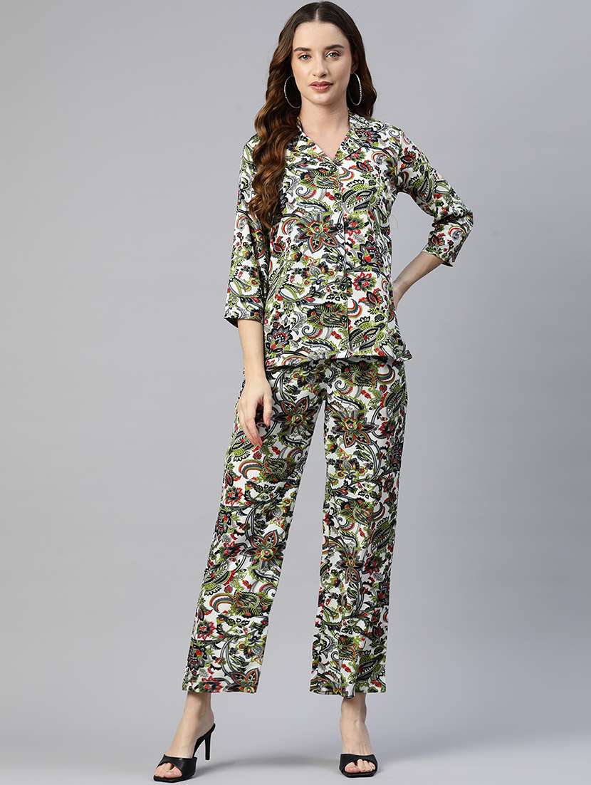 women white printed shirt & trouser coord set