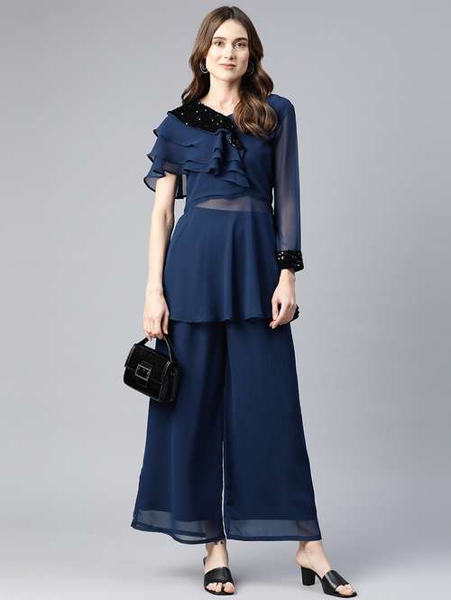 navy blue sequins work top & palazzo set - 21069199 - Standard Image - 0