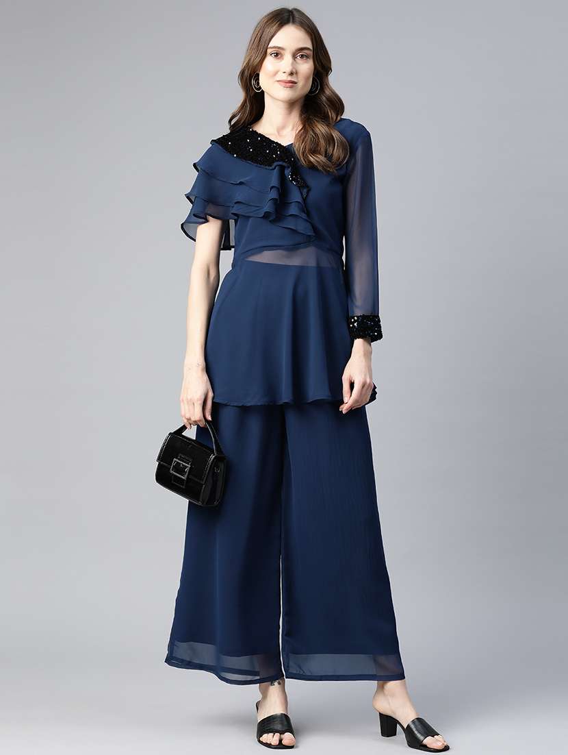 navy blue sequins work top & palazzo set - 21069199 - Zoom Image - 0