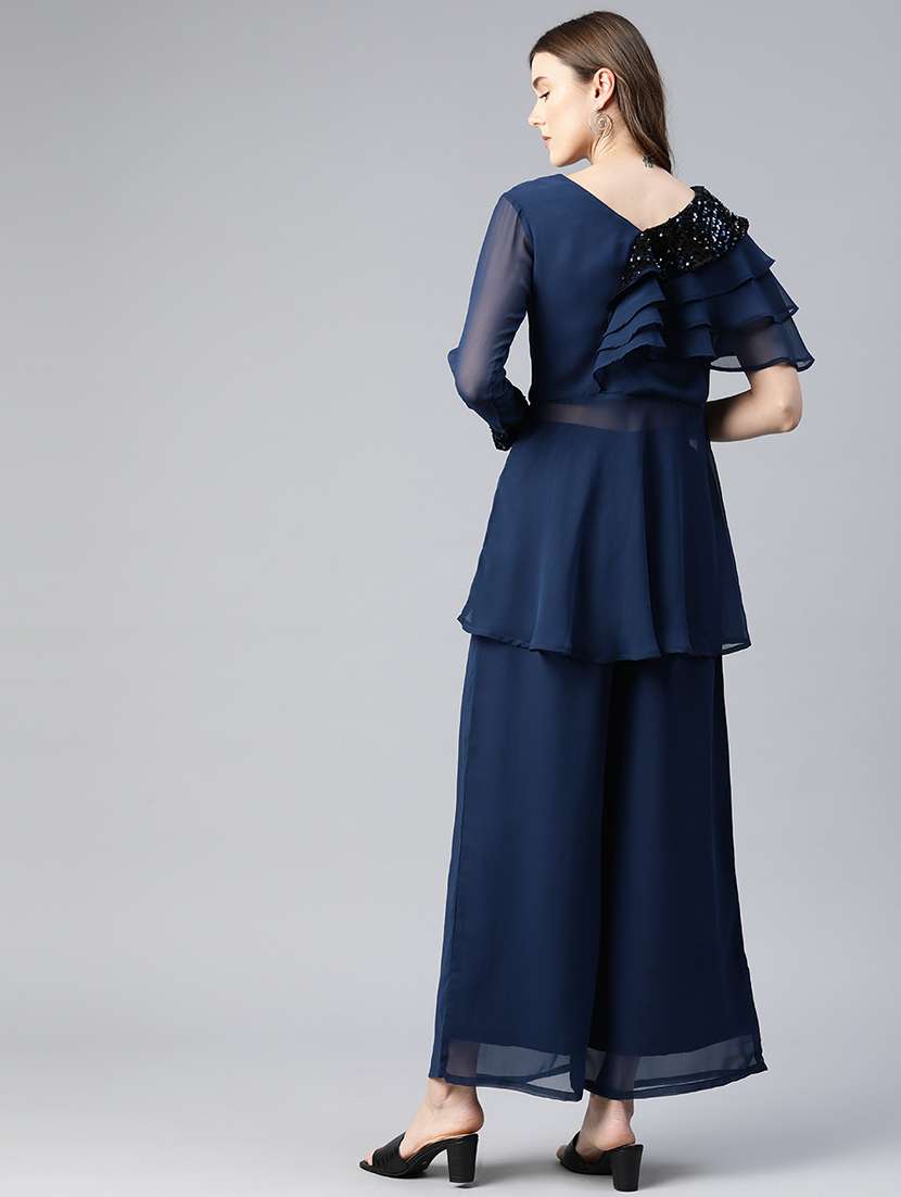 navy blue sequins work top & palazzo set - 21069199 - Standard Image - 3