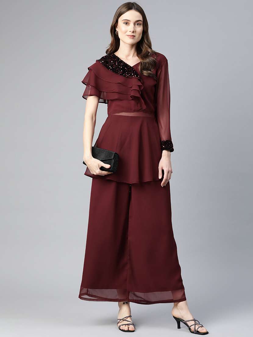 maroon sequins work top & palazzo set