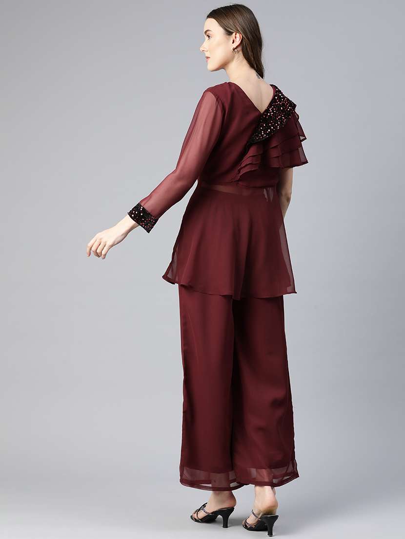 maroon sequins work top & palazzo set - 21069200 -  Standard Image - 3