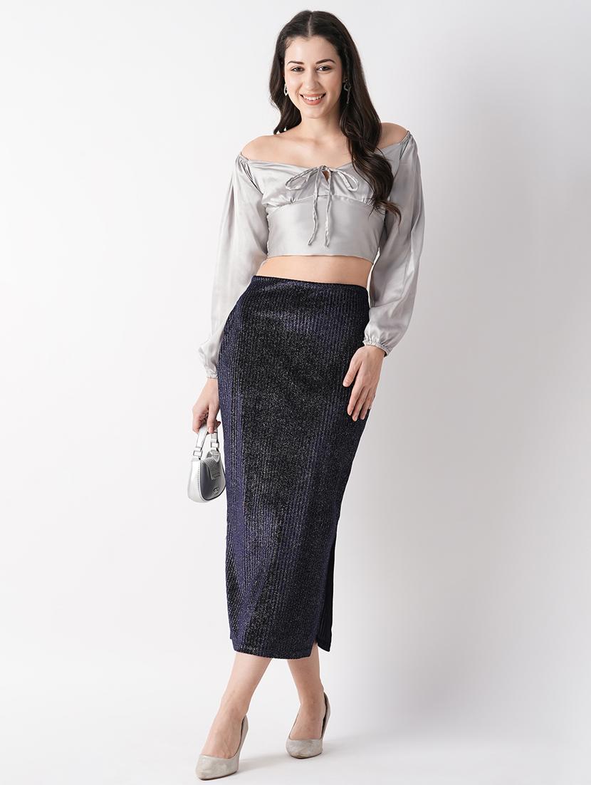 navy blue self design detailed skirt - 21069646 - Standard Image - 3