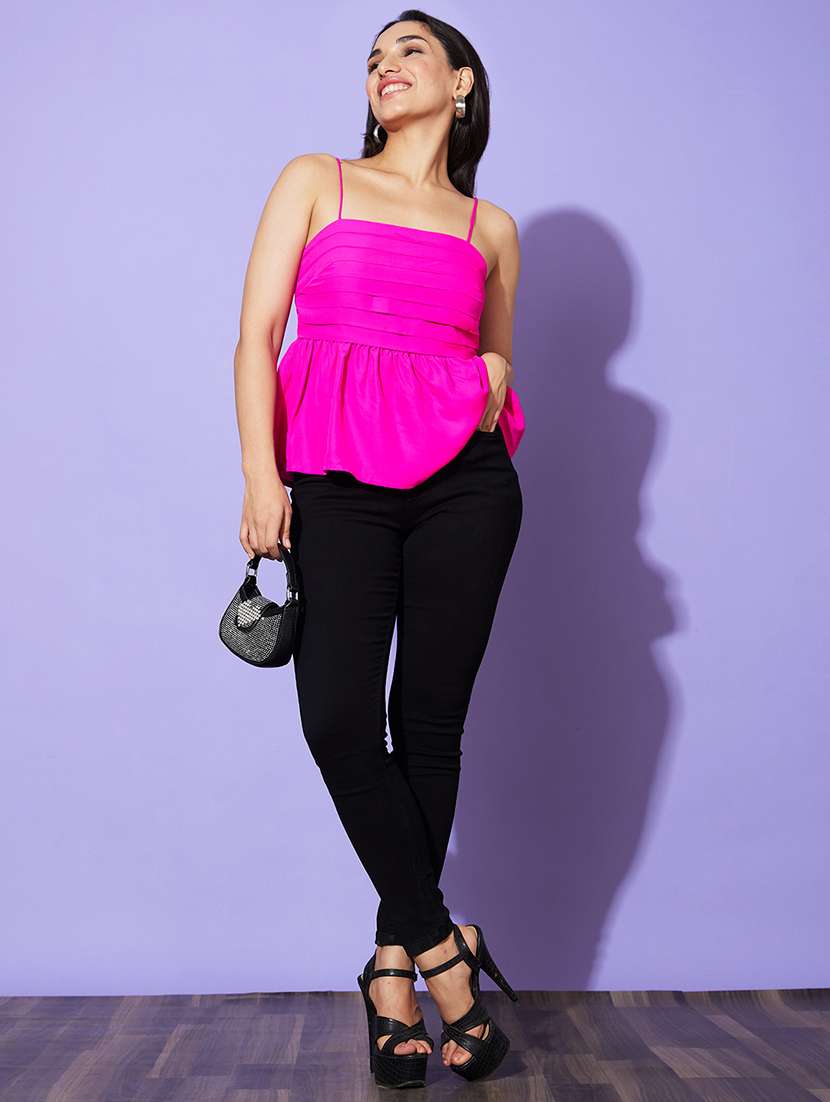 solid pink detailed peplum top - 21069679 -  Standard Image - 3