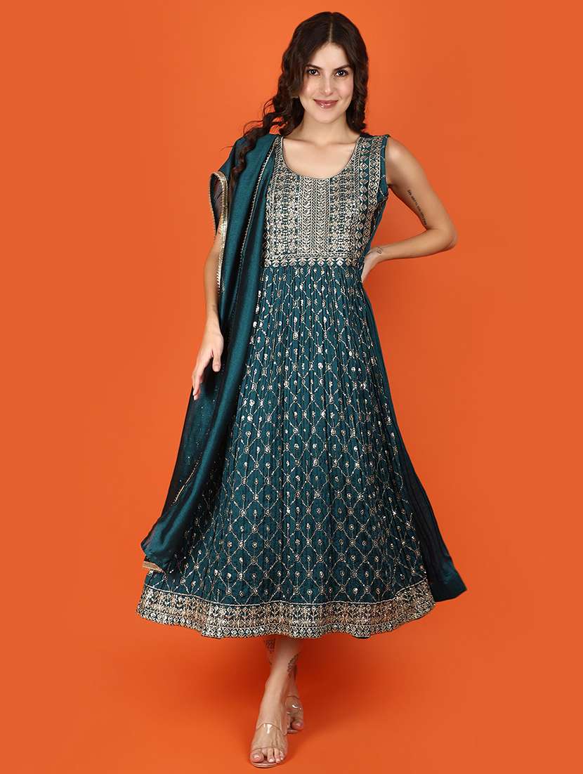 women green printed flared ethnic dress with dupatta