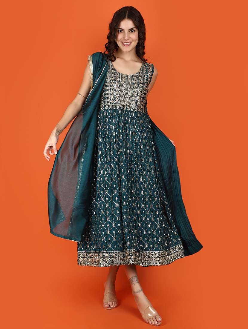 women green printed flared ethnic dress with dupatta - 21070346 -  Standard Image - 3