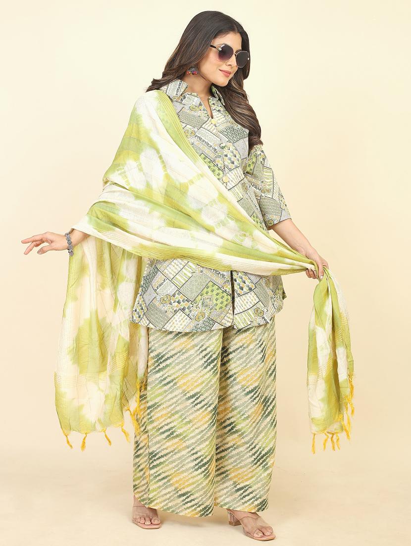 geometric print unstitched suit set