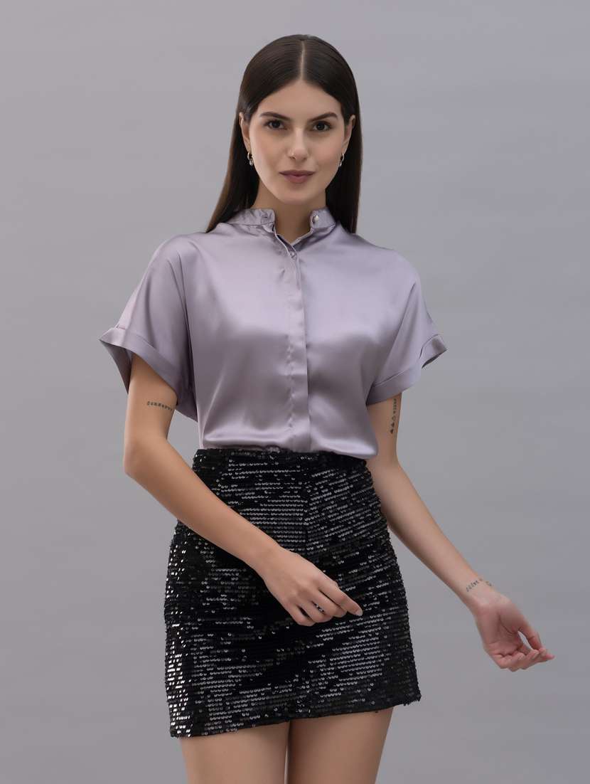 solid lavender satin casual shirt