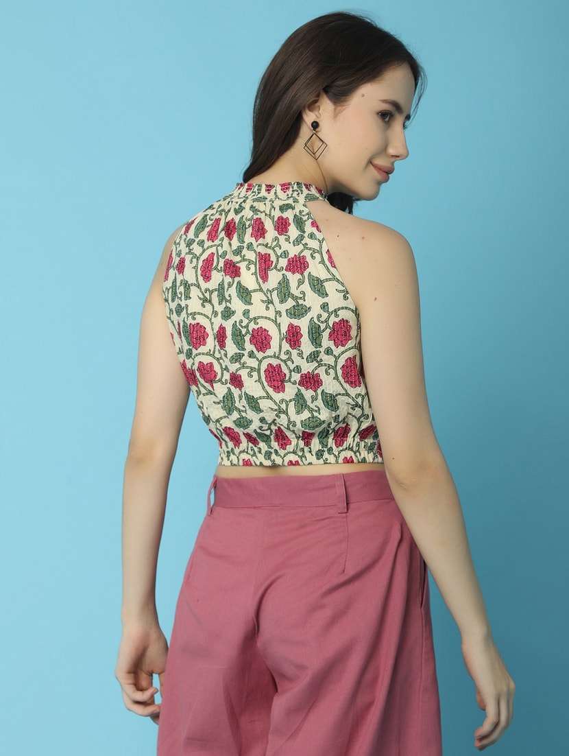 women off-white slim fit halter neck floral crop top - 21073953 -  Standard Image - 3