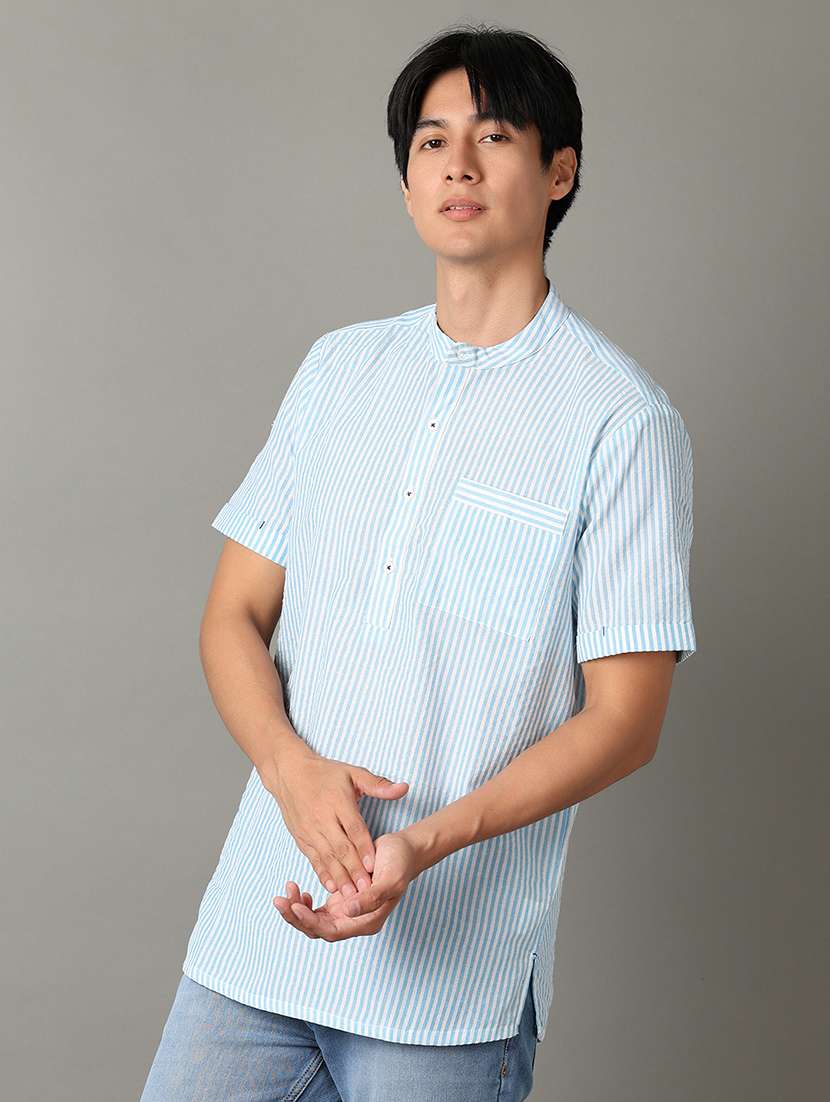 men mandarin neck striped short kurta - 21073972 -  Standard Image - 3