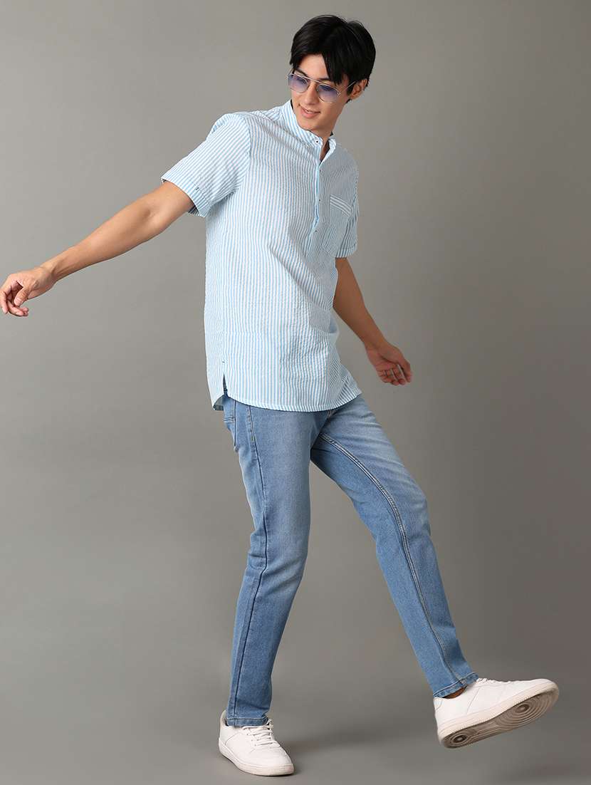 men mandarin neck striped short kurta - 21073972 -  Standard Image - 5