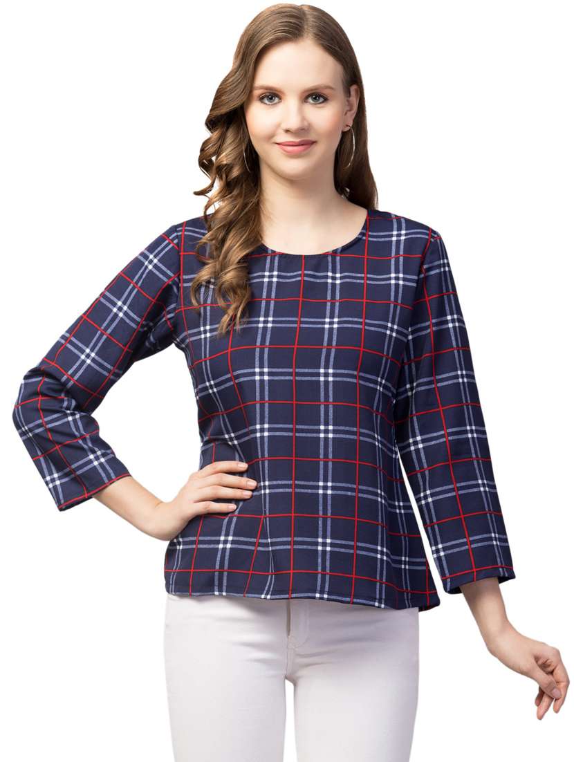 women navy blue checked printed regular top