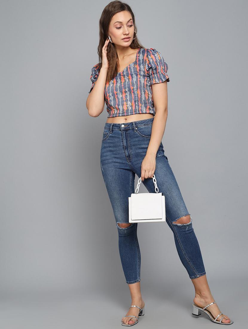 women blue tie & dye printed detailed crop top - 21074535 - Standard Image - 3