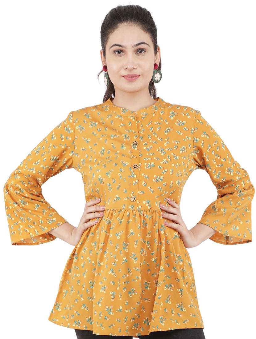 women yellow floral printed peplum top