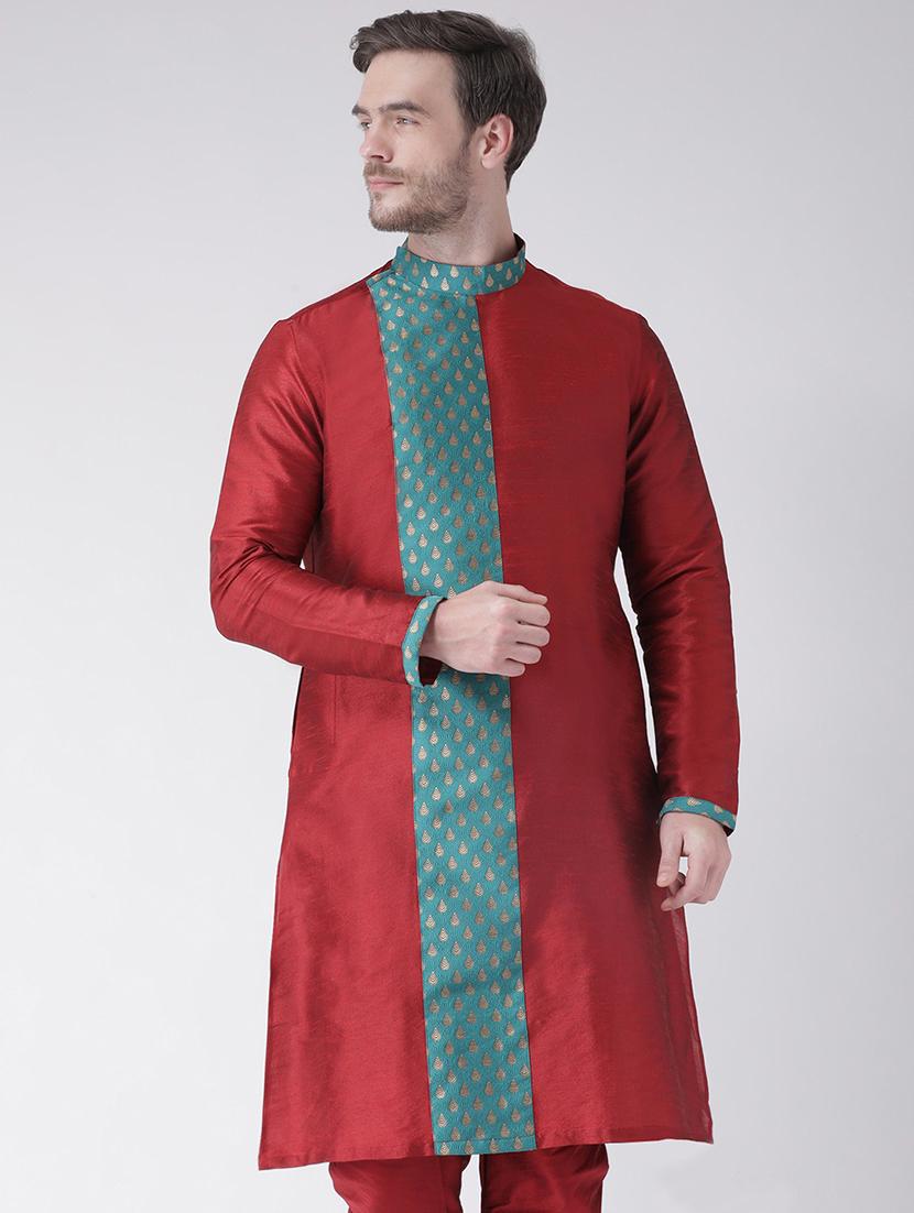 men overlap neck color block long kurta - 21075631 - Zoom Image - 0