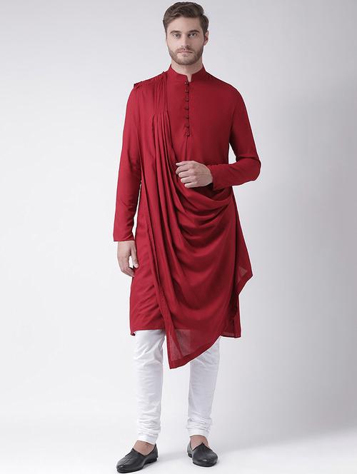 men solid red draped detailed kurta & churidar set - 21078291 - Standard Image - 0