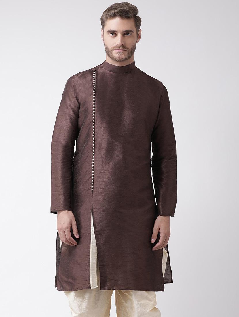 men solid silk kurta botton ethnic wear set - 21078447 - Zoom Image - 0