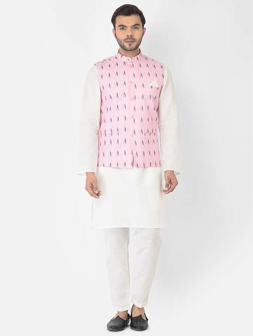 men pink & white printed kurta jacket & trouser set - 21079088 - Standard Image - 0