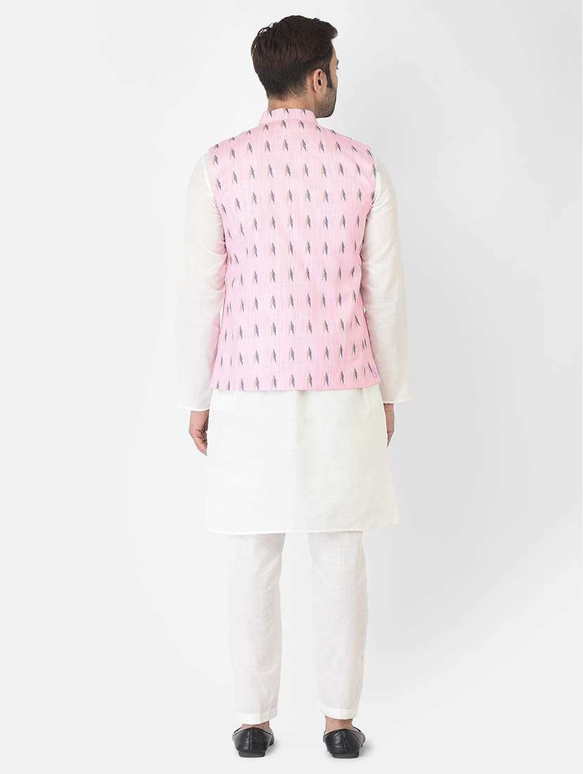 men pink & white printed kurta jacket & trouser set - 21079088 - Standard Image - 3