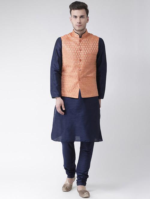 men navy blue self design detailed kurta jacket & pyjama set - 21079426 -  Standard Image - 0