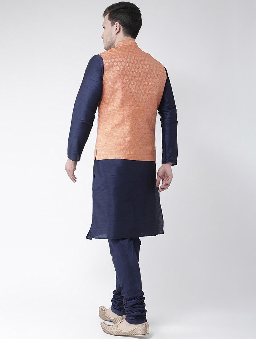 men navy blue self design detailed kurta jacket & pyjama set - 21079426 - Standard Image - 3