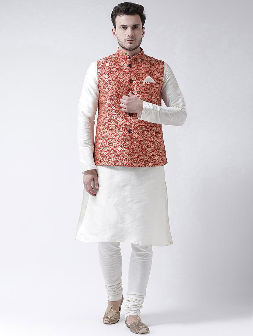 men white kurta churidar ethnic wear set with jacket - 21079435 - Zoom Image - 0