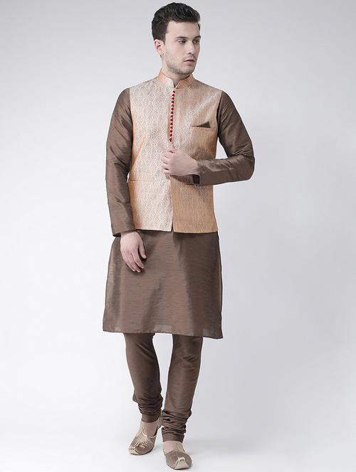 men brown self design detailed kurta jacket & pyjama set - 21079463 - Standard Image - 0