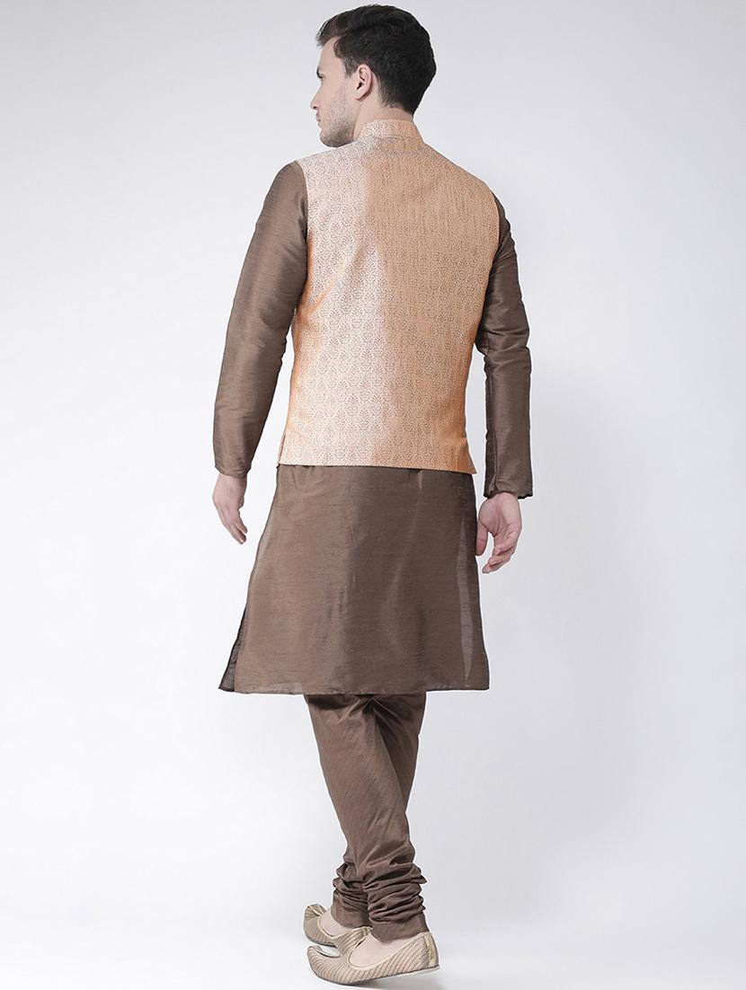 men brown self design detailed kurta jacket & pyjama set - 21079463 - Standard Image - 3