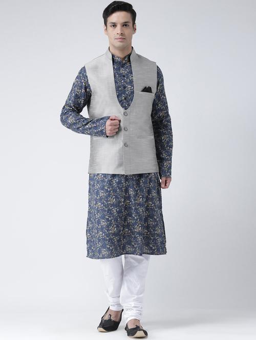 men blue & white floral printed kurta jacket & pyjama set - 21079615 -  Standard Image - 0